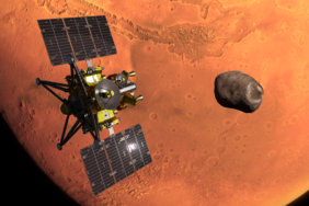 Das ist ein Bild der 2024 Version der MMX Raumsonde während dem Eintritt in den Marsorbit. Die Antriebe sind ausgeschaltet.